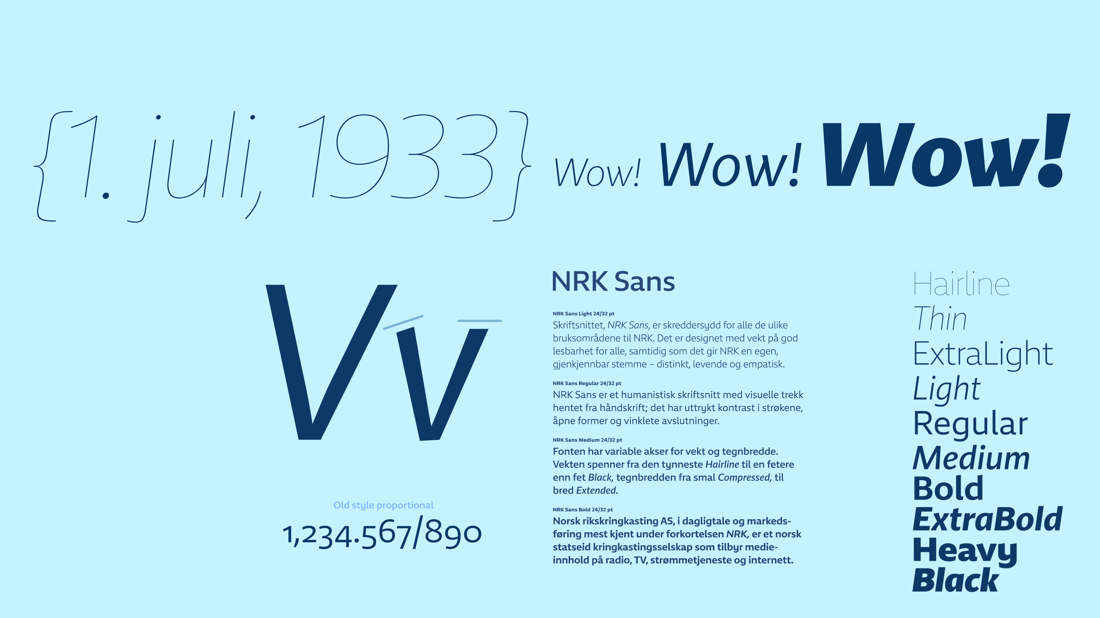 Eksempler på fonten NRK Sans i ulike størrelser og varianter.