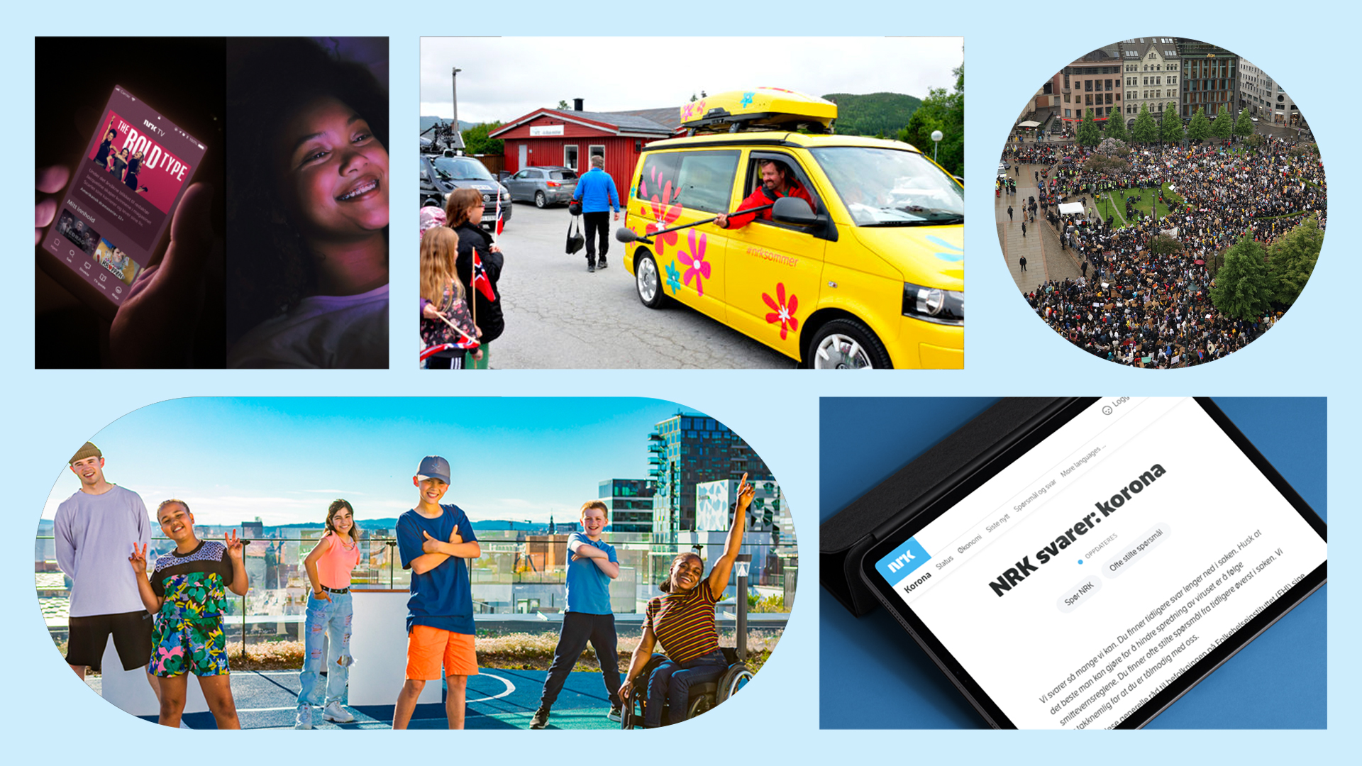 Ulike former rammer inn fotografier av en jente som bruker NRK TV, NRKs sommerbuss på tur, en folkemengde i Oslo, barn som poserer på et hustak, en iPad som viser "NRK svarer: korona.