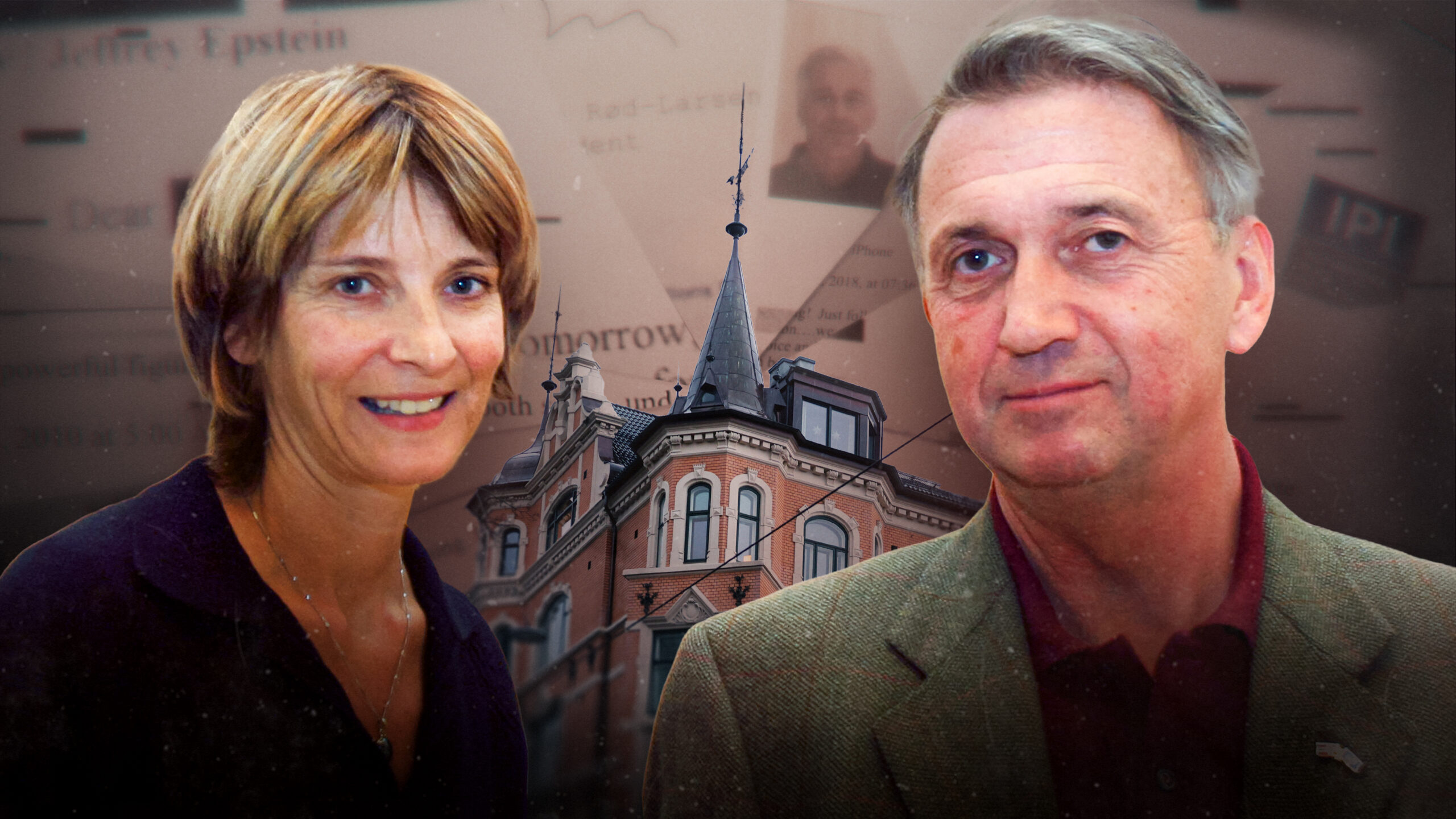 Illustrasjon med en kvinne og en mann foran et bilde av en bygning. (Bildebeskrivelsen er laget av en KI-tjeneste)